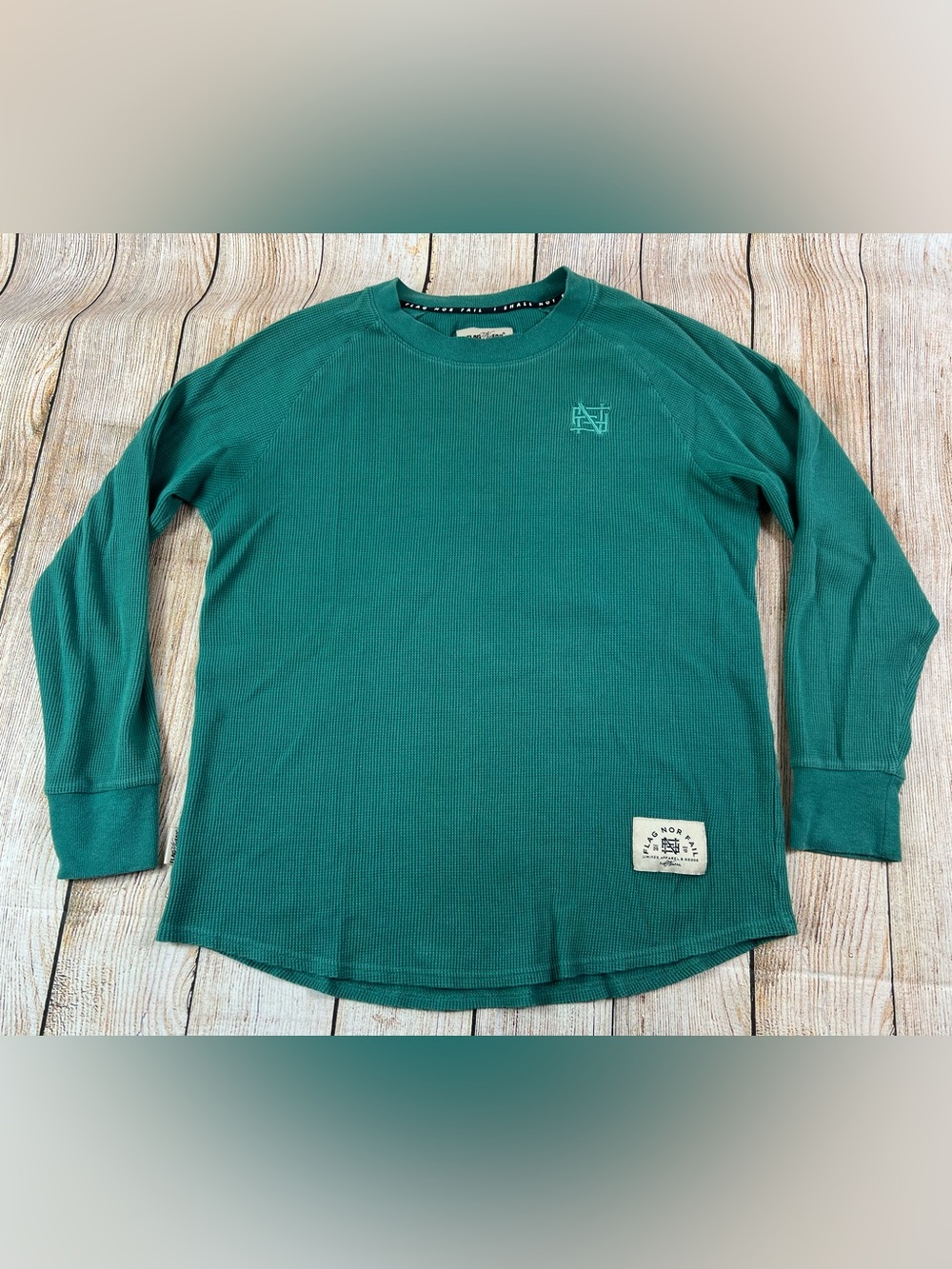 Mens Flag Nor Fail Thermal Waffle Knit Raglan Longsleeve Green Shirt Size Large
